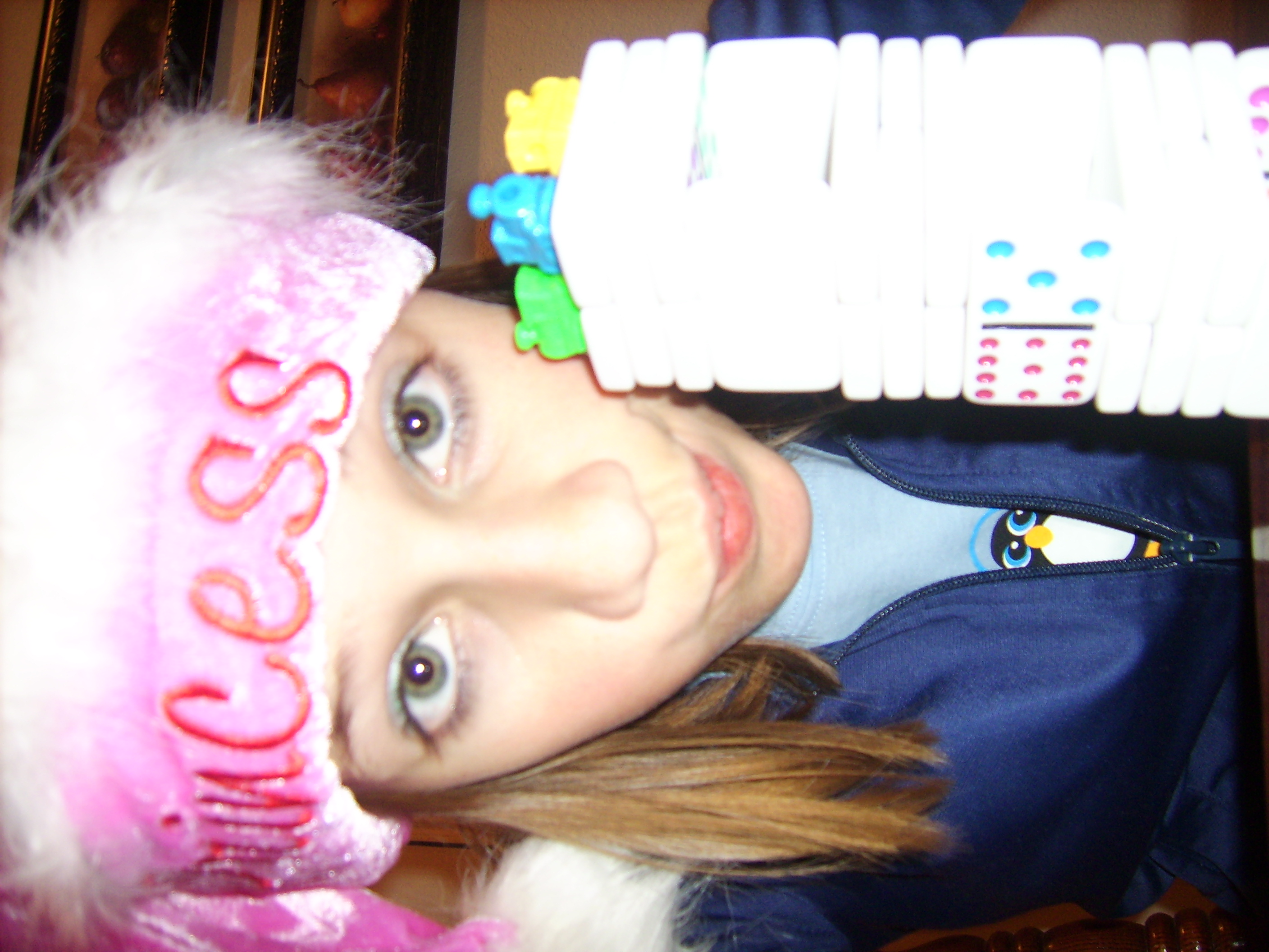 Holly with a domino tower
