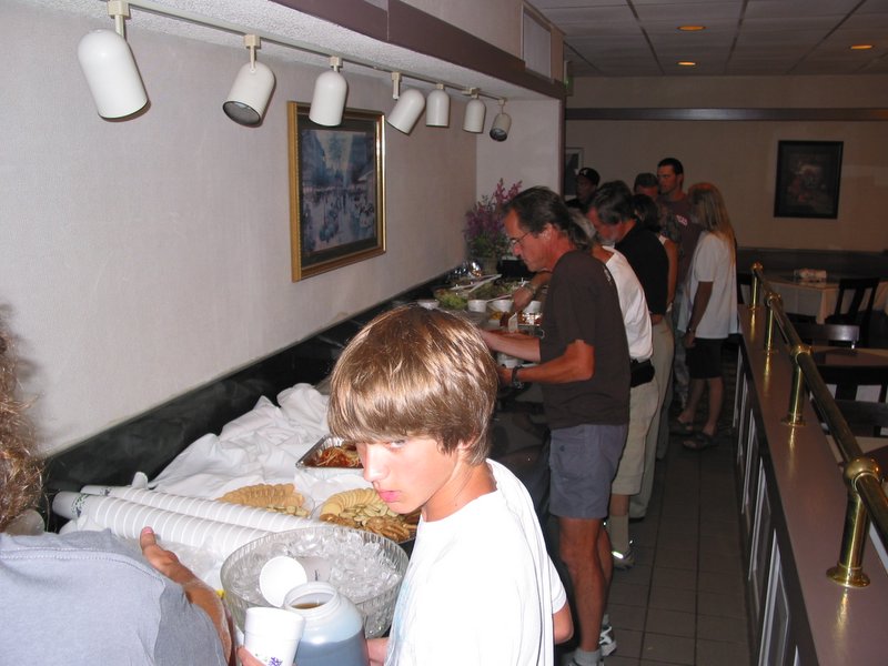 People are lined up for the buffet